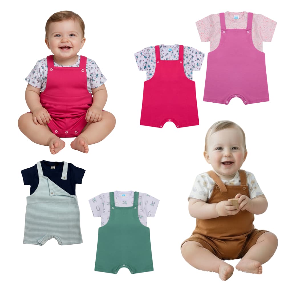 Kit Conjunto Jardineira 4 Peças Bebê Manguinha Menino Menina Sortida Roupa De Bebe 2Body/2Jardineira