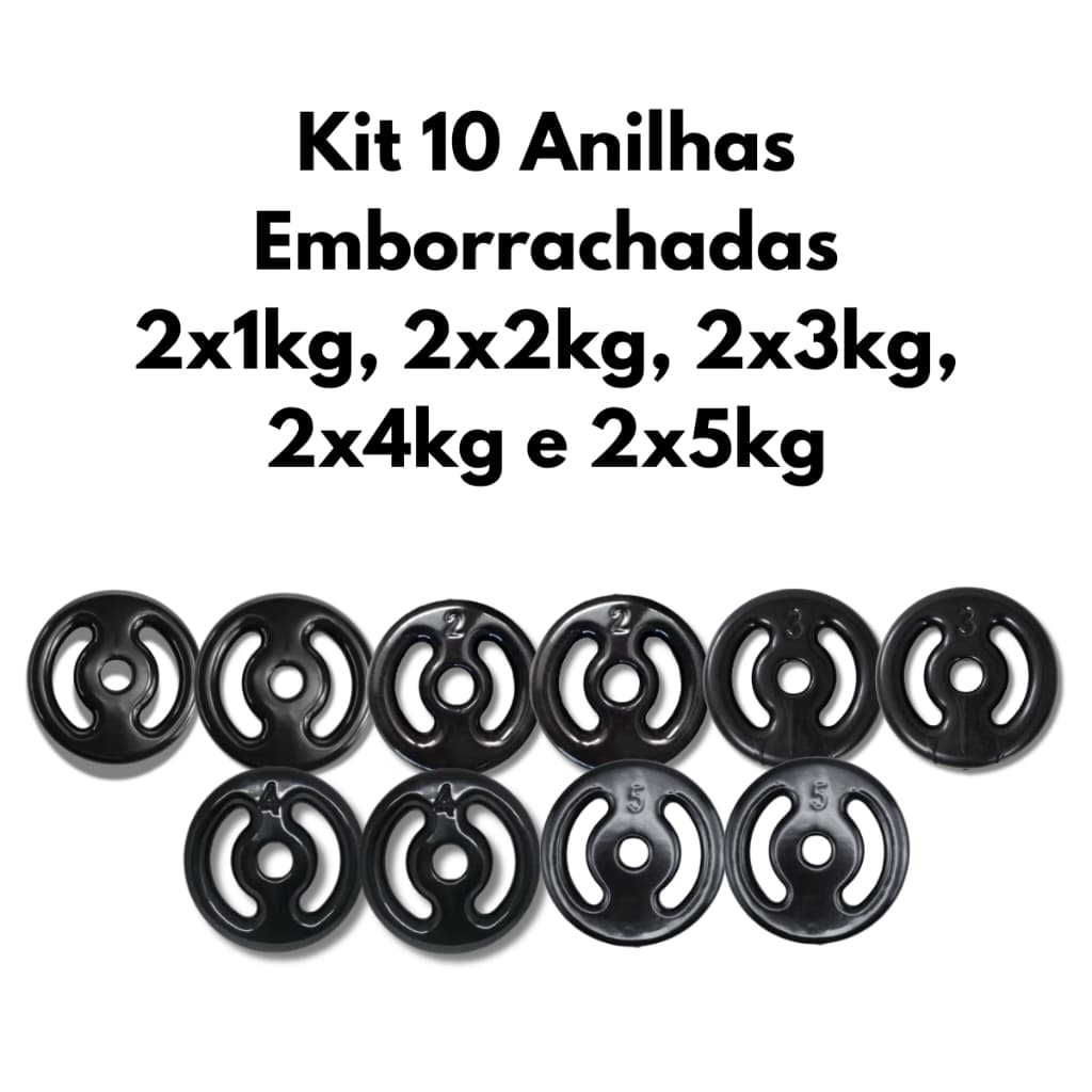 Kit 10 Anilhas Emborrachadas 2x1kg, 2x2kg, 2x3kg, 2x4kg e 2x5kg Musculação Treino Força Fitness Academia