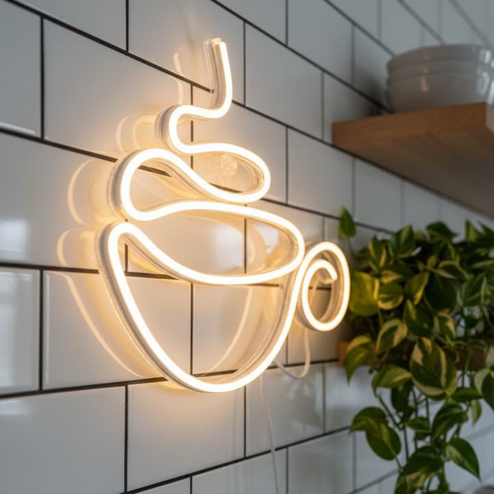 Luminária Neon LED Xícara de Café Decorativa Minimalista para Parede de Cozinha
