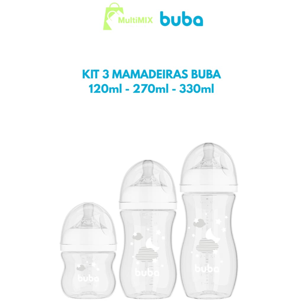 KIT 3 Mamadeiras BUBA Easy Flow Anti-cólica Nuvem 0+ 120ml , 2+ 270ml , 4+ 330ml Bebe BICO ULTRASOFT