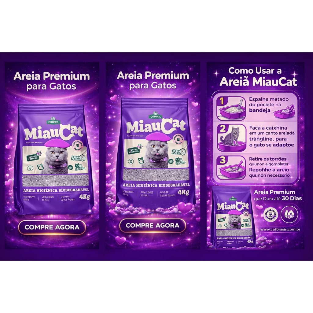 Areia Sanitária Miaucat Antiodor para Gatos – Kit com 1 a 5 Pacotes | Controle de Odores Natural