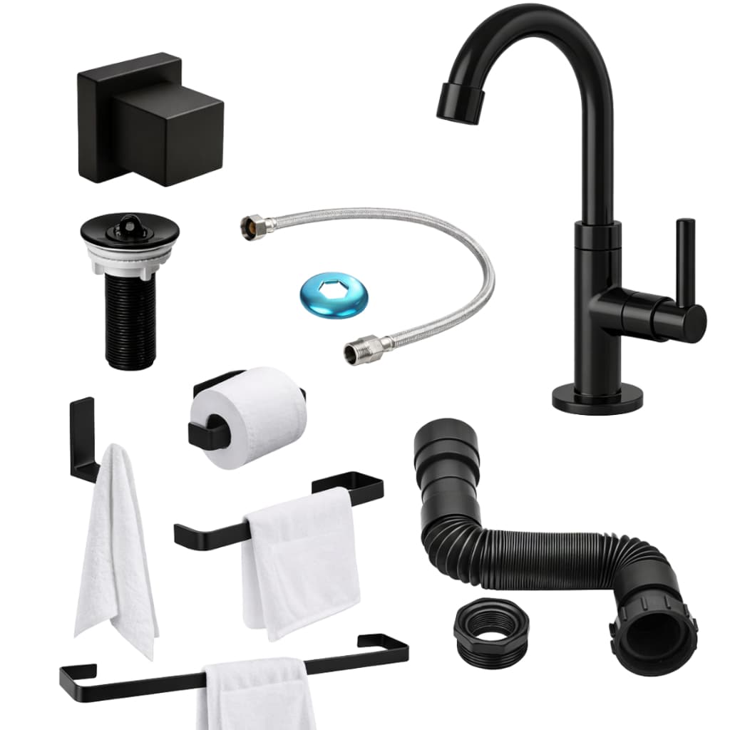 Kit Acessórios Banheiro Preto Fosco Completo com Torneira Luxo Moderna + Sifão + Válvula + Engate Flexível