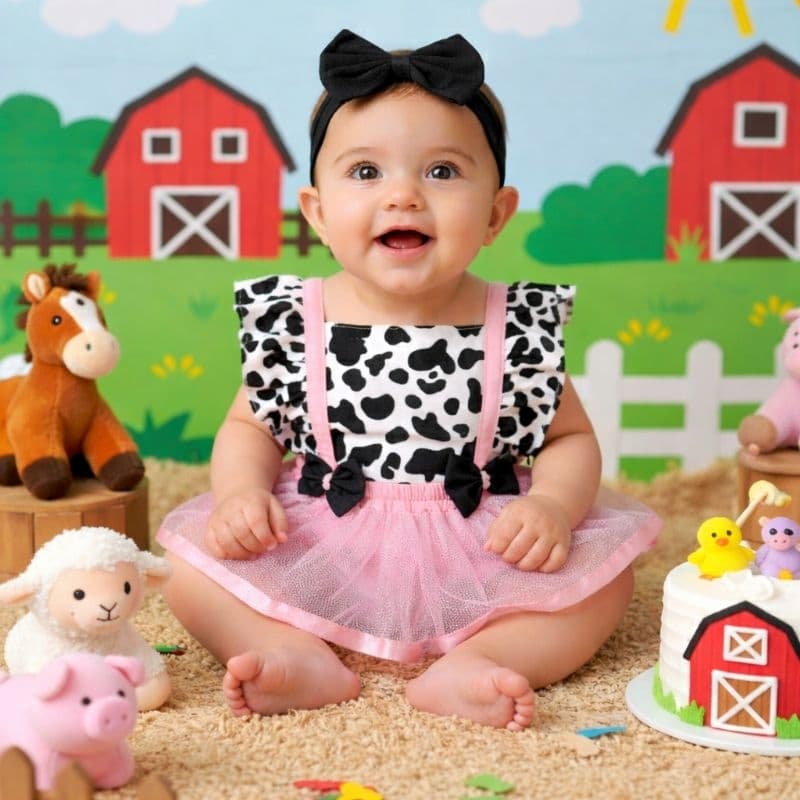 Roupa bebê menina mesversário fazendinha vaquinha fantasia bebê menina enxoval menina