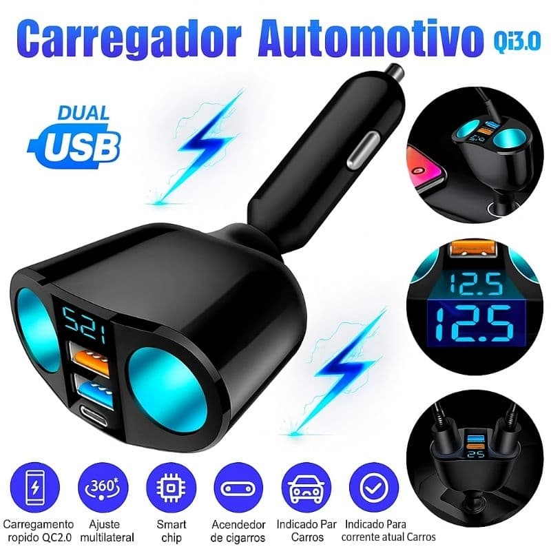 Carregador Veicular 120W Turbo com Display Digital LED 3 Portas USB + Tipo-C Carregamento Rápido Universal