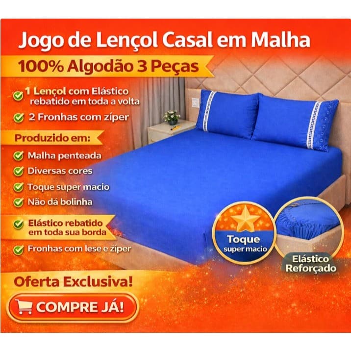 Jogo de Cama Casal Padrão (Lençol de Malha com elástico + fronhas 100% Algodão)