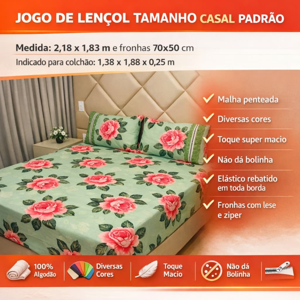 Jogo de Lençol Casal Padrão Malha 100% Algodão Estampado Floral 3 Peças com Fronhas e Elástico Premium