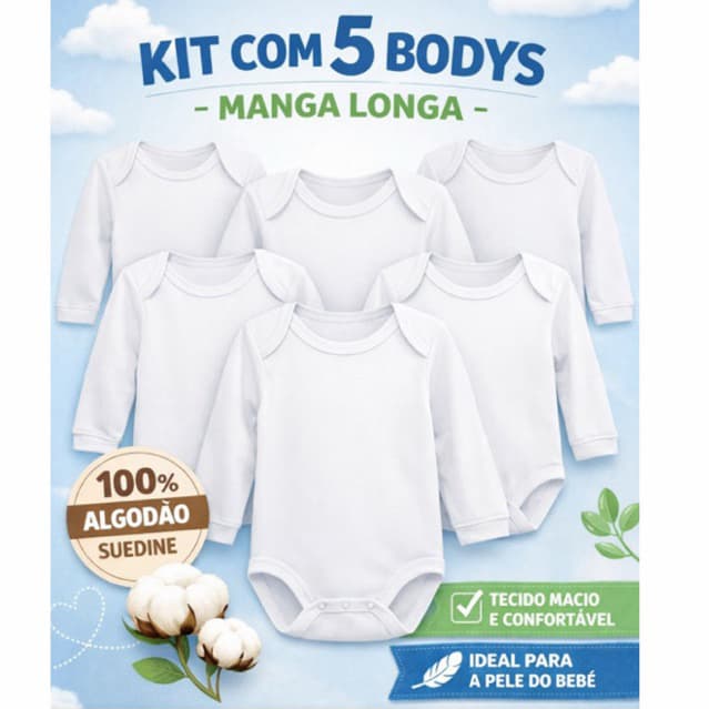 Kit 5 Body de Bebê Manga Longa Branco Suedine 100% Algodão Roupa Infantil Enxoval Maternidade Sublimação Personalizado