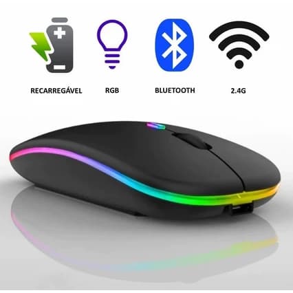 Mouse Sem Fio Recarregável LED RGB Clique Silencioso 2.4 Bluetooth Ghz Ergonômico Gamer Home Office 🔋