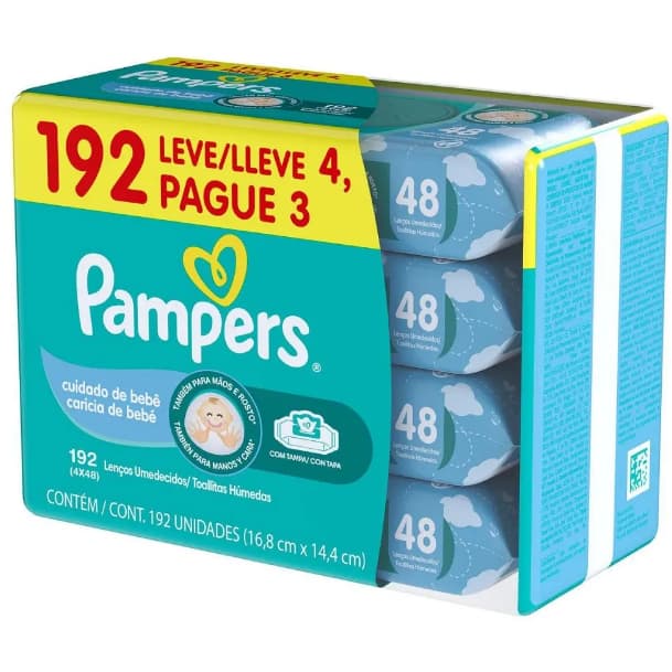 Kit Lenço Umedecido Pampers Cuidado de Bebê 48 unidades 4 pacotes = 192 lenços