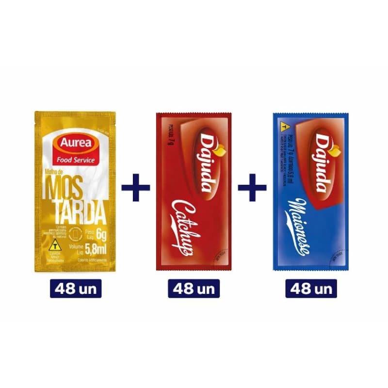 Kit Completo Catchup, Maionese D'ajuda e Mostarda AUREA  144 Sachês para Lanches Fast Food Hot Dog