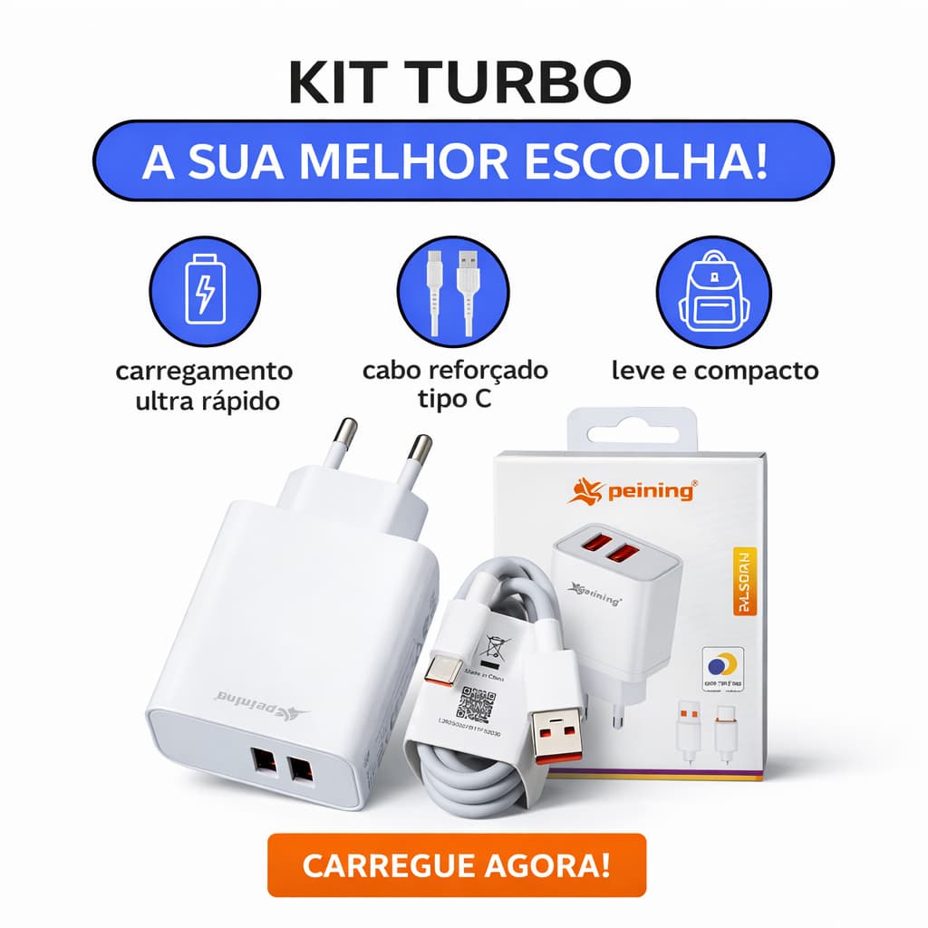 Carregador Celular Rapido + Cabo Tipo C 2 portas USB
