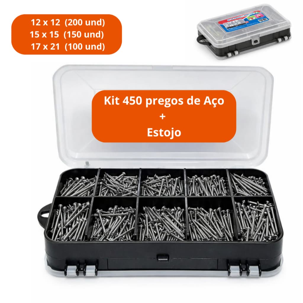 Kit 450 Pregos Polido Com Cabeça + Estojo Organizador Diversos Tamanhos Uso Profissional Envio Imediato