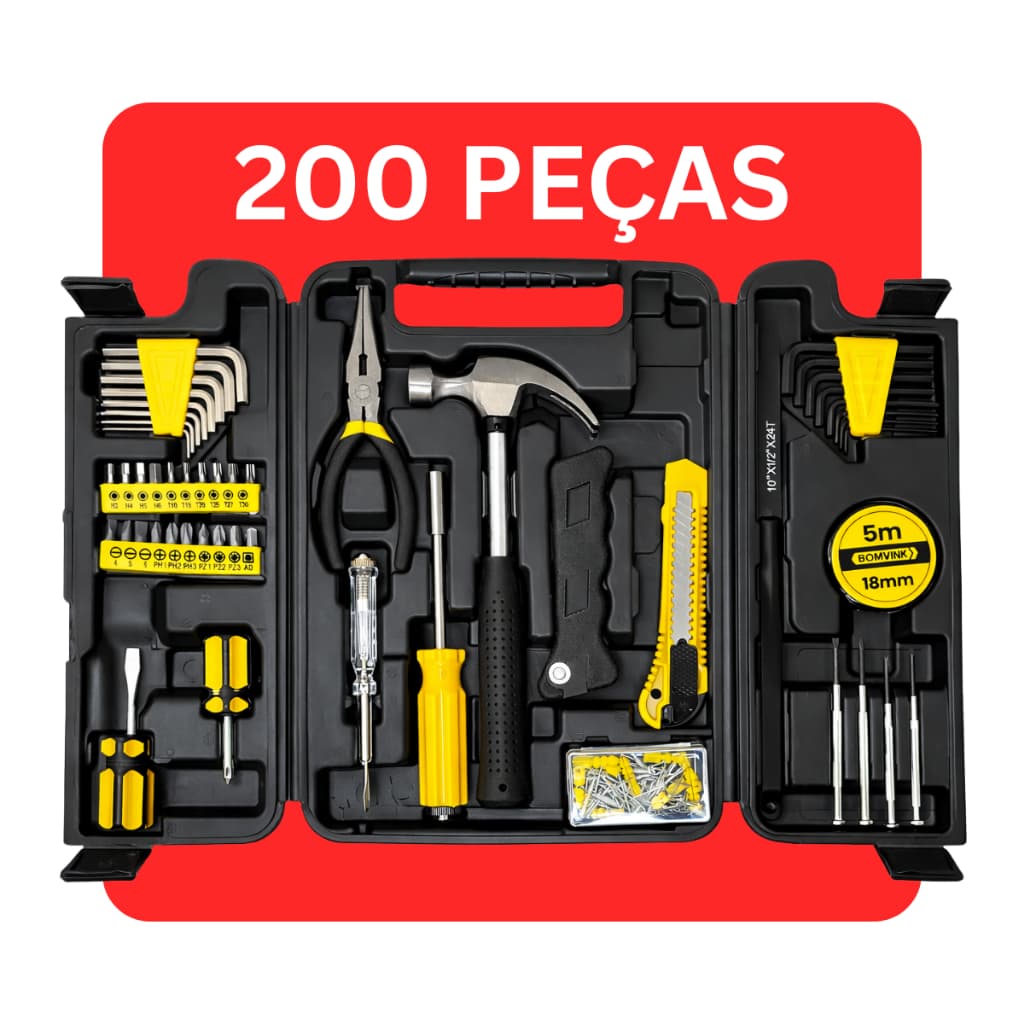 Kit Ferramentas 200 Peças Com Maleta Alicate Martelo Trena Chaves Allen Jogo Completo Profissional