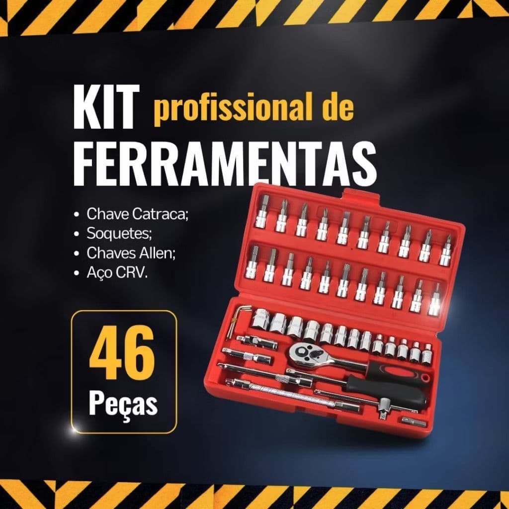 Jogo de Ferramentas 46 Peças com Catraca e Soquetes Kit Completo de Chaves e Bits Manutenção e Reparos em Geral