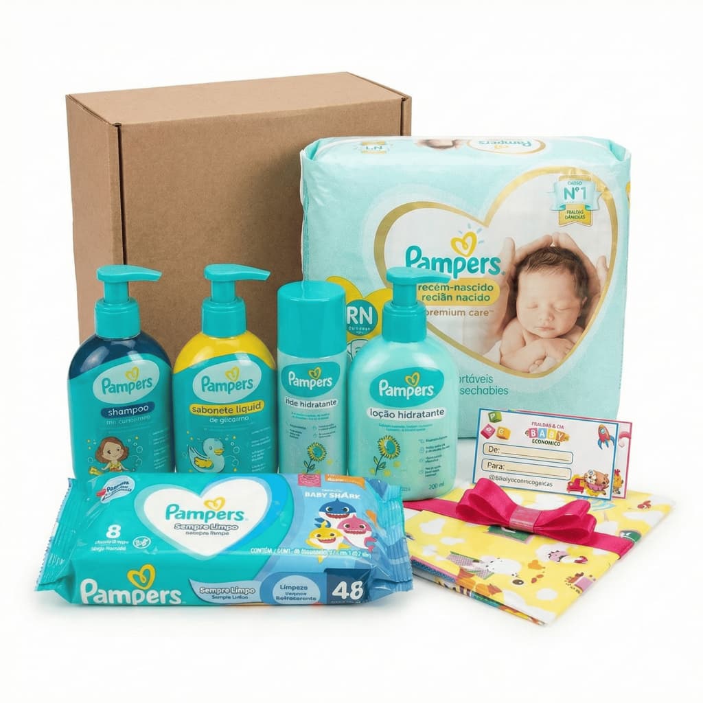 Kit Pampers Recém Nascido - Óleo Hidratante , Sabonete, Shampoo, Lenço e Fralda RN, Colônia