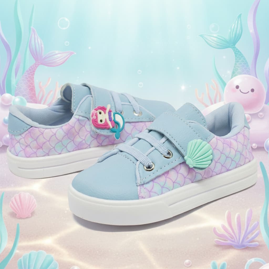 Tênis Infantil Menina Sereia Azul com Velcro Casual Confortável Moda Estiloso Ideal para Escola e Passeios