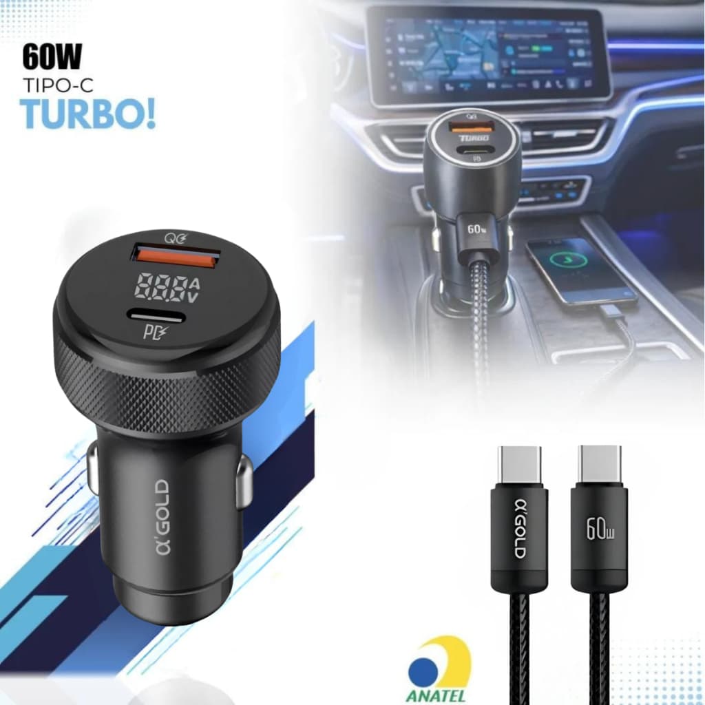 Carregador Veicular A' Gold 60w Exibição de LED USB C e USB Carregamento Rápido Duplo