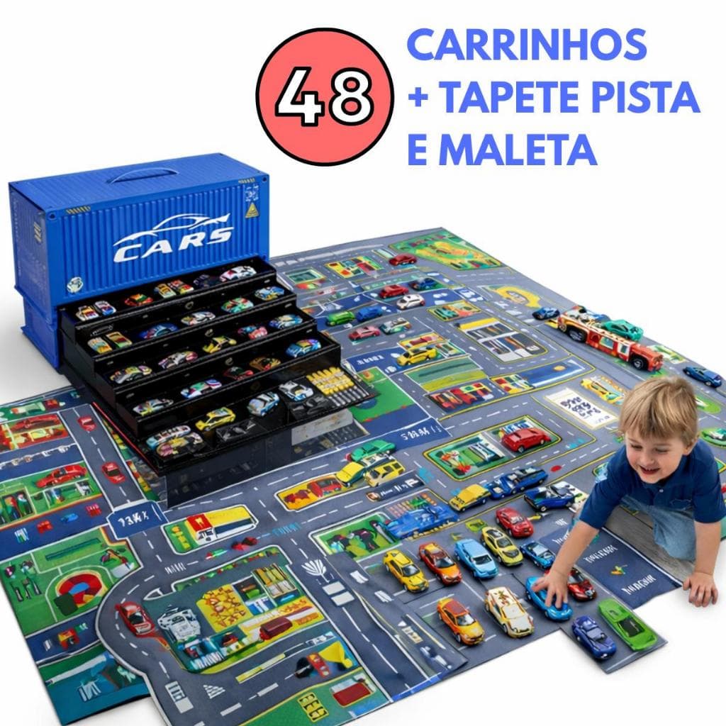 Maleta Kit 48 Carrinhos Fricção + Tapete Pista De Corrida Educativo Brinquedo Infantil Presente Menino Miniatura