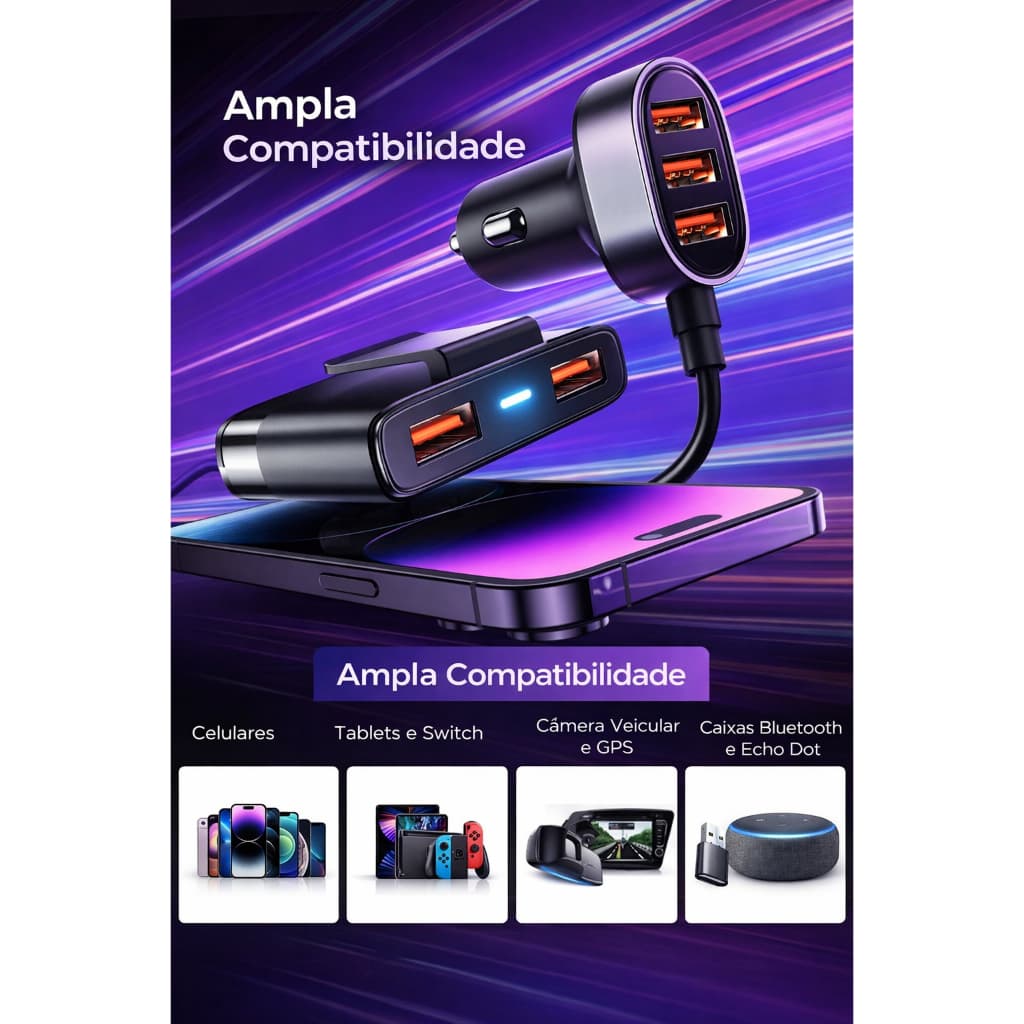 Carregador Veicular 5 Portas USB 31W Cabo Extensão 1.5m Adaptador Isqueiro Carro