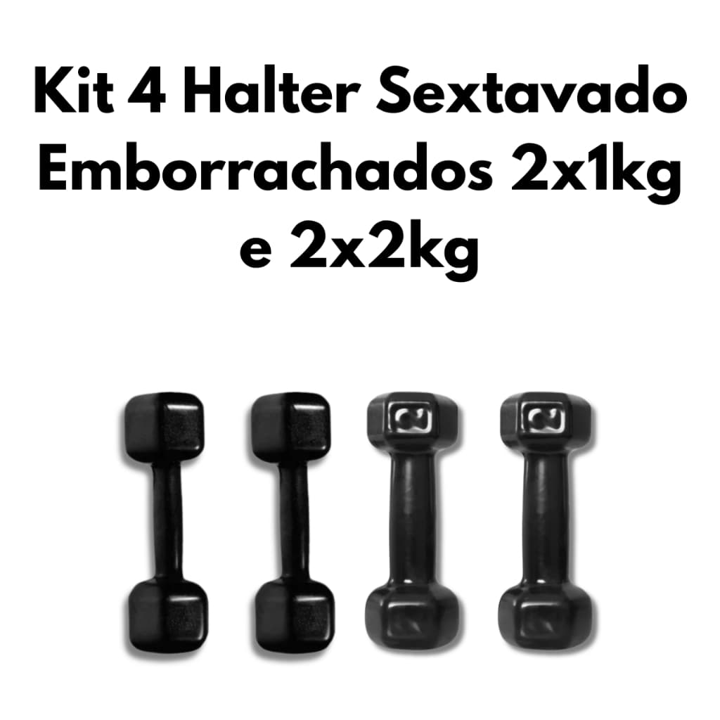 Kit 4 Halteres Sextavados Emborrachados 2x1kg e 2x2kg Musculação Treino Funcional Fitness