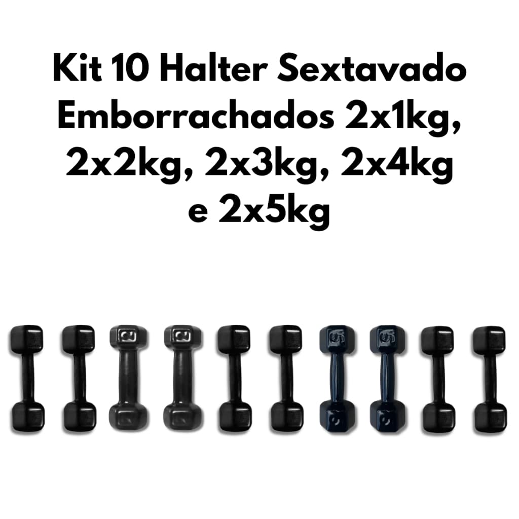 Kit 10 Halteres Sextavados Emborrachados 2x1kg, 2x2kg, 2x3kg, 2x4kg e 2x5kg Musculação Fitness Treino Funcional Academia
