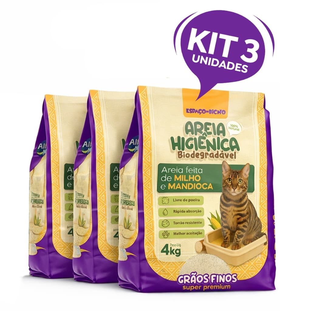 Kit 3 Areia Sanitária Higiênica Biodegradável Grãos Finos Milho e Mandioca (100% Natural)