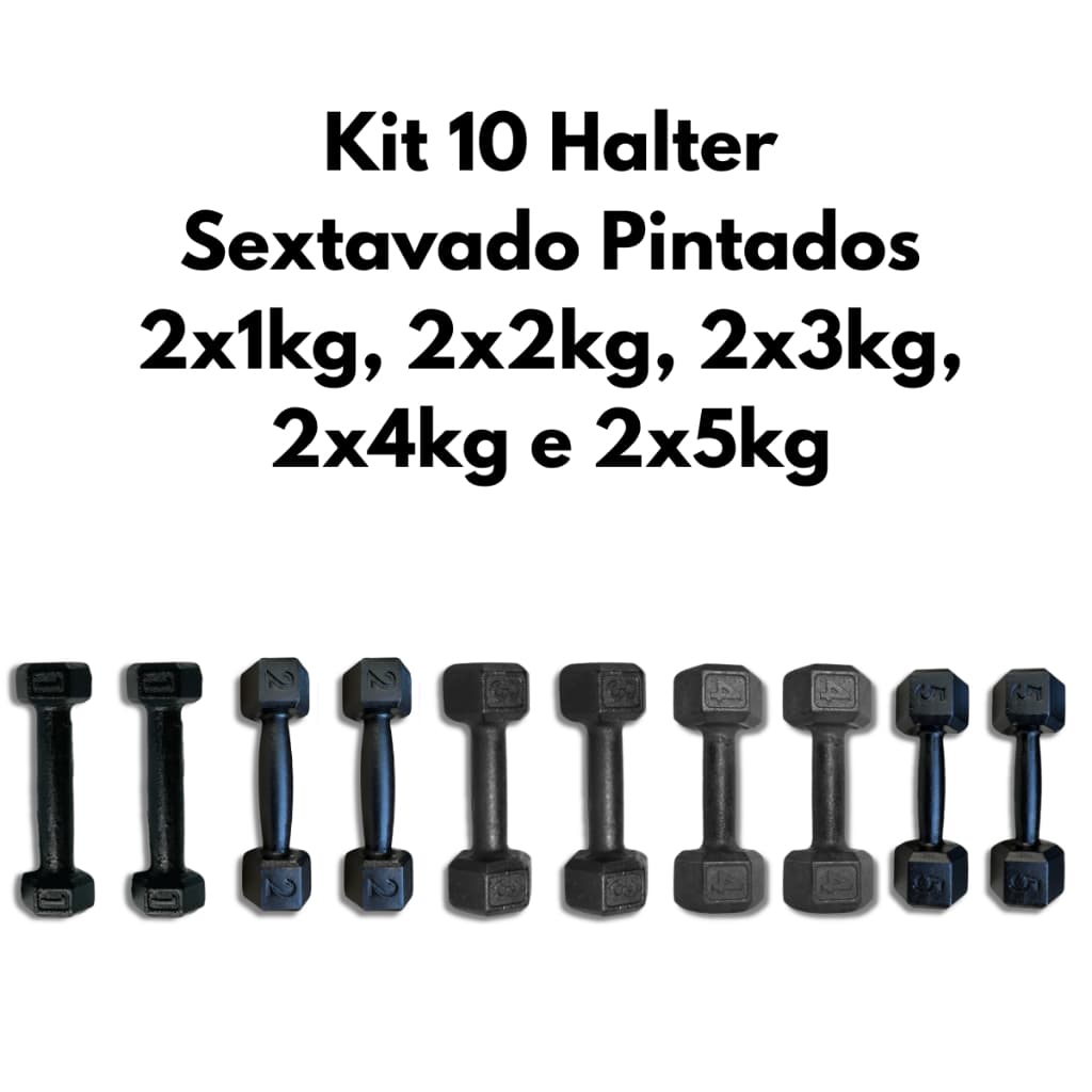 Kit 10 Halteres Sextavados Pintados 2x1kg, 2x2kg, 2x3kg, 2x4kg e 2x5kg Musculação Fitness Treino Funcional Academia