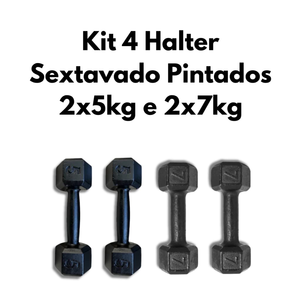 Kit 4 Halteres Sextavados Pintados 2x5kg e 2x7kg Musculação Treino em Casa Funcional Fitness Academia