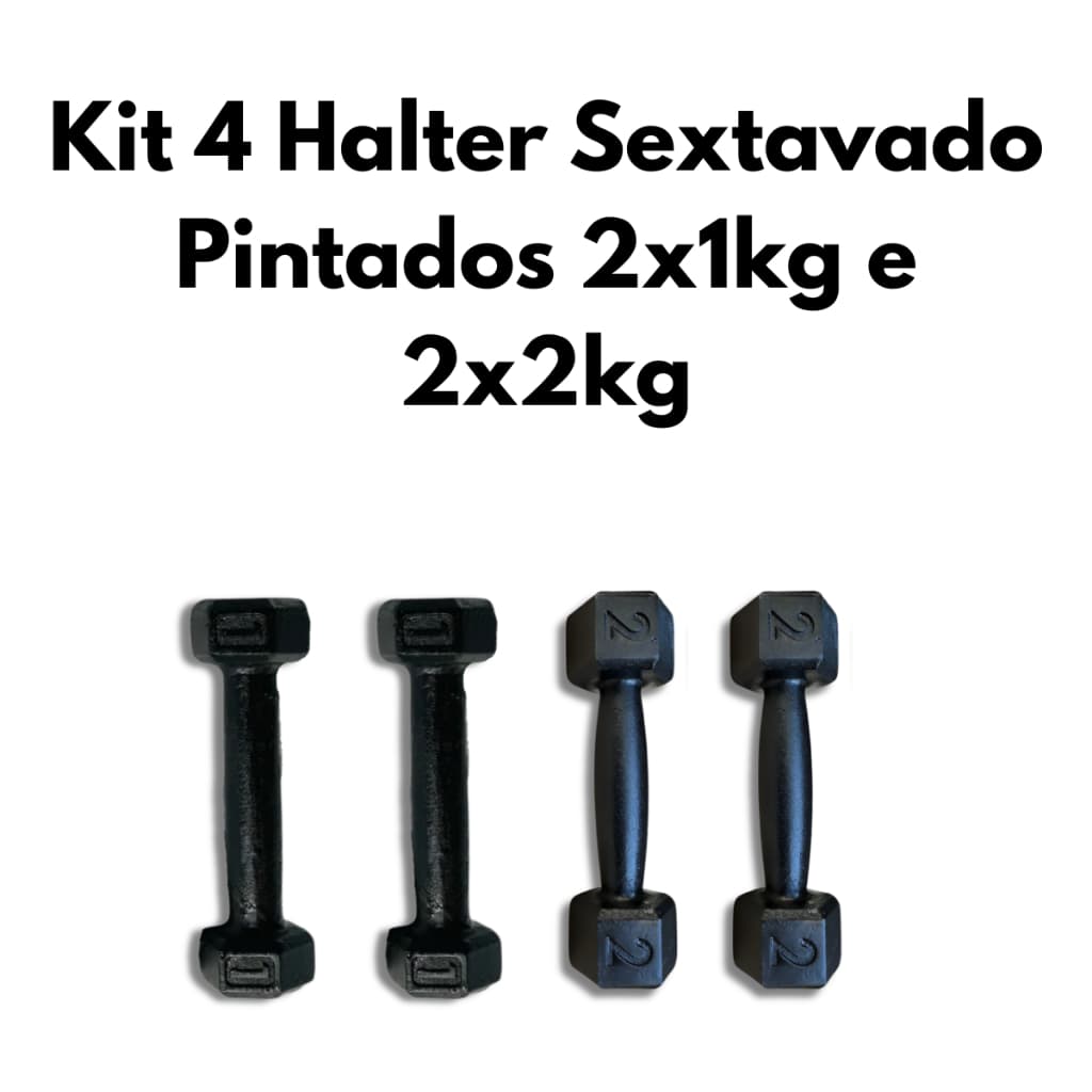 Kit 4 Halteres Sextavados Pintados 2x1kg e 2x2 kg Musculação Fitness Treino Funcional Academia Exercícios