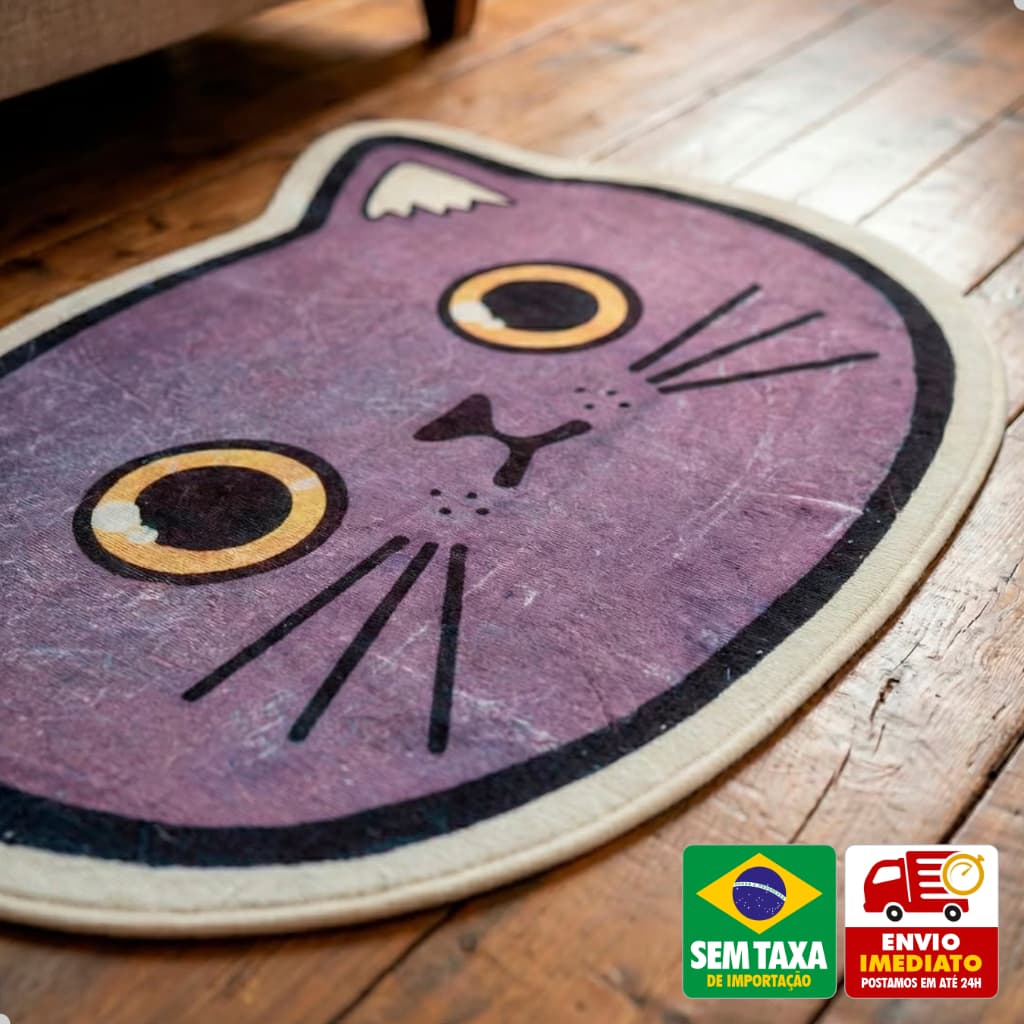 Tapete Gatinho 60x40cm Poliéster Antiderrapante Formato Gato Fofo Quarto Banheiro Sala