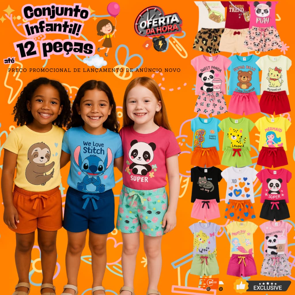 Kit até 12 peças Conjunto Infantil Menina Verão Roupa Confortável Bebê Moda Criança