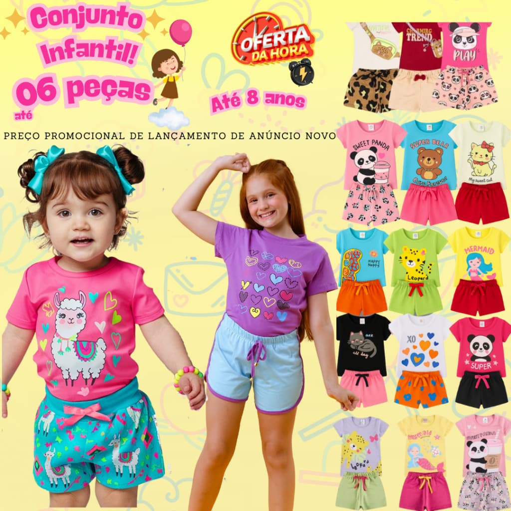 Kit Até 06 Peças Conjunto Infantil Menina Verão Roupa Confortável Bebê Moda Criança 2, 4 e 6 peças