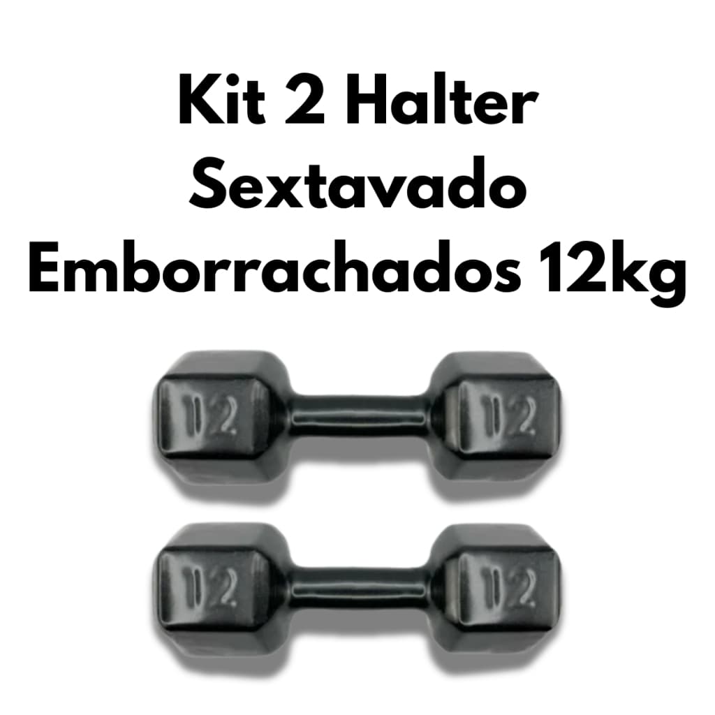 Kit 2 Halteres Sextavados Emborrachados 12kg Musculação Treino Funcional Academia em Casa