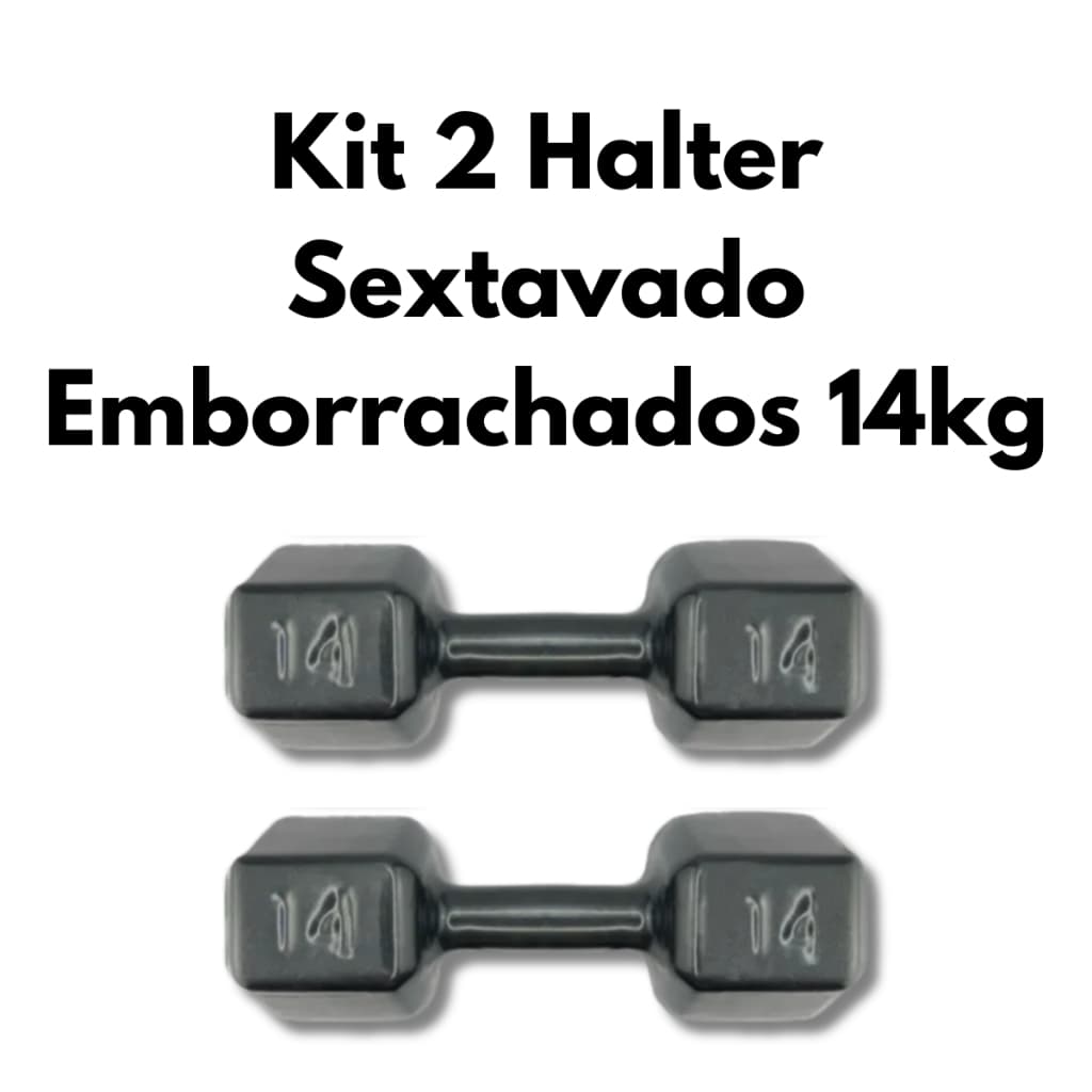 Kit 2 Halteres Sextavados Emborrachados 14kg Musculação Treino Funcional Academia em Casa