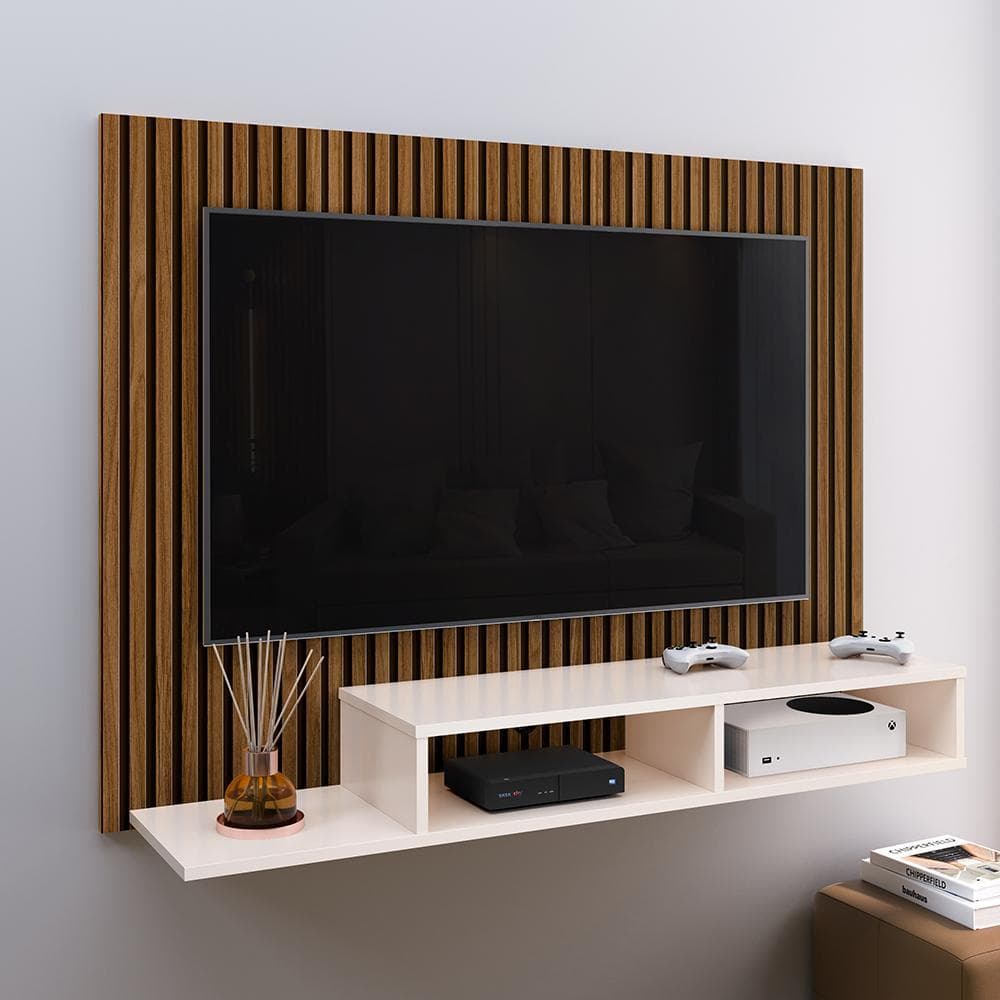 Painel Ripado Para TV até 50 Polegadas com 2 Nichos Sala Quarto Suporte Parede Estante Decorativo