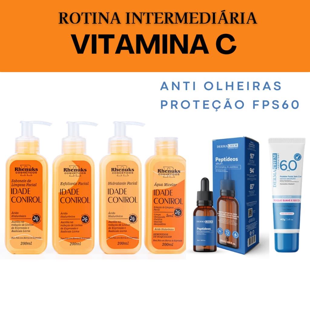 Kit Skincare Vitamina C Clareador Rhenuks+Sérum Ant. Rugas Dermachem+Protetor Solar Facial FPS60