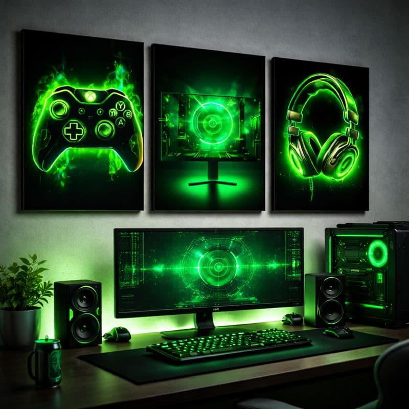 Kit Quadros 3 Peças Decorativos Moderno Gamer Controle Headset Monitor Luz Neon Verde Sala Quarto
