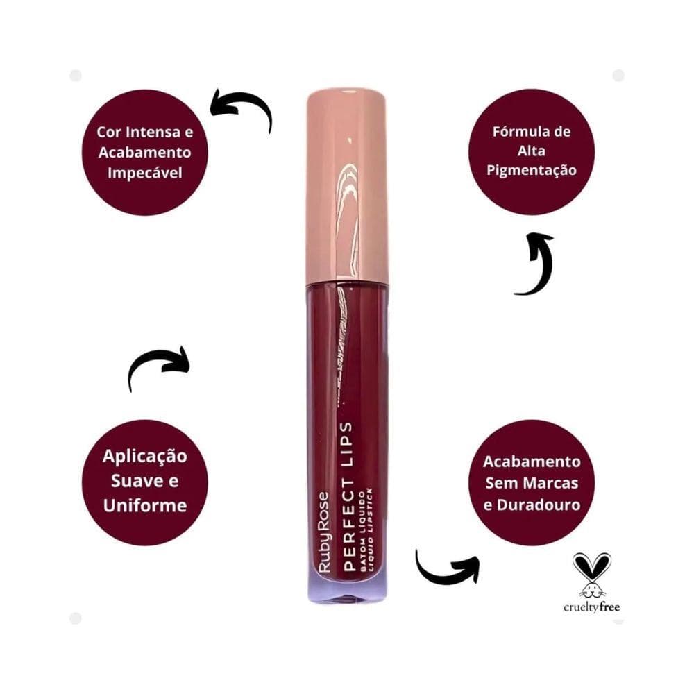 Batom Líquido Matte Ruby Rose Perfect Lips  Alta Pigmentação Longa Duração 24h Confortável "alta pigmentação" Matte