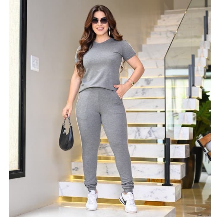 Conjunto Feminino Casual Blusa Calça em Moletinho De Algodão Premium com Listra Aerolook Fitness Elegante Roupa Feminina