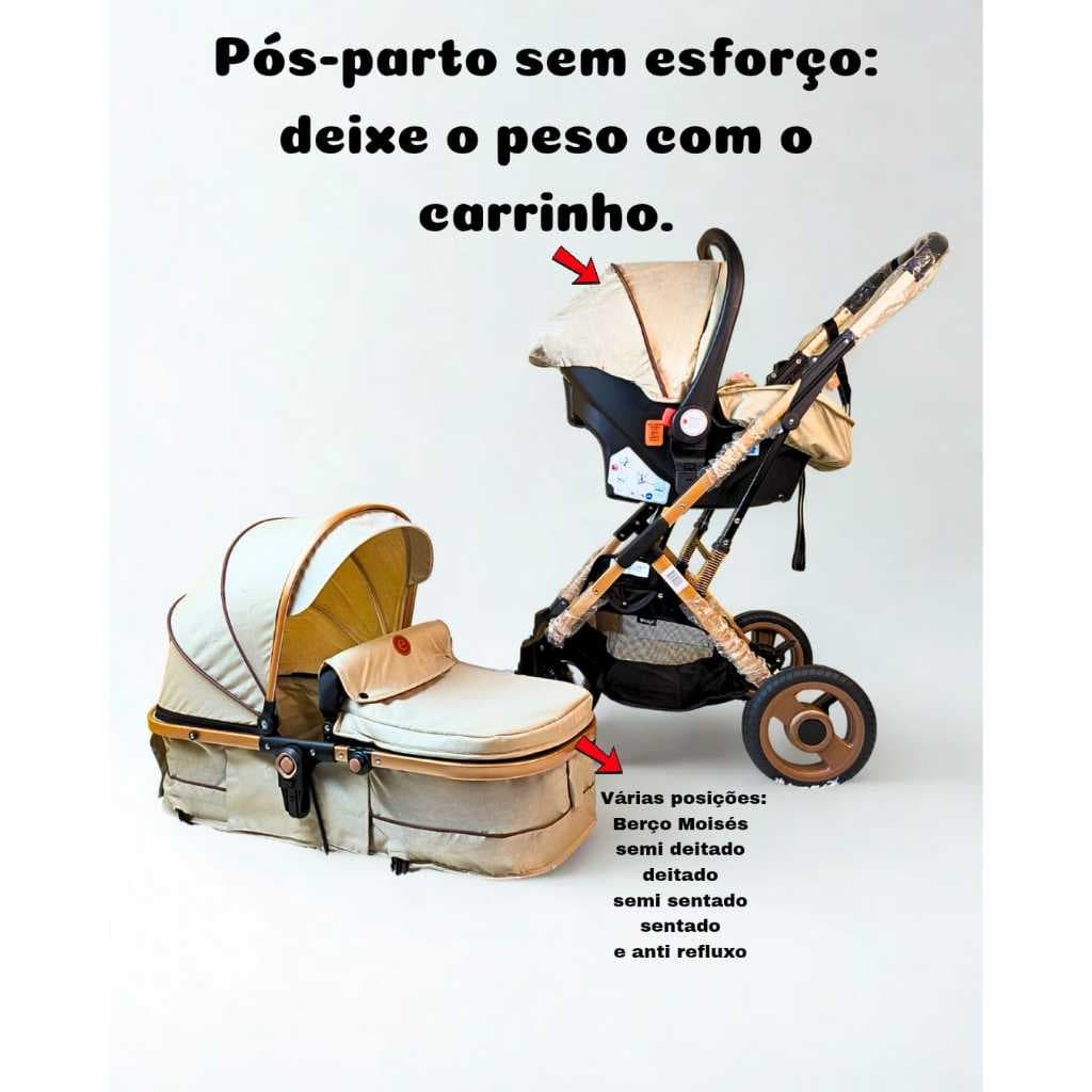 Carrinho de Bebê Com Bebê Conforto Luxo Europeu Com Amortecedores, Rodas Grandes, 0 a 3 Anos +Brinde