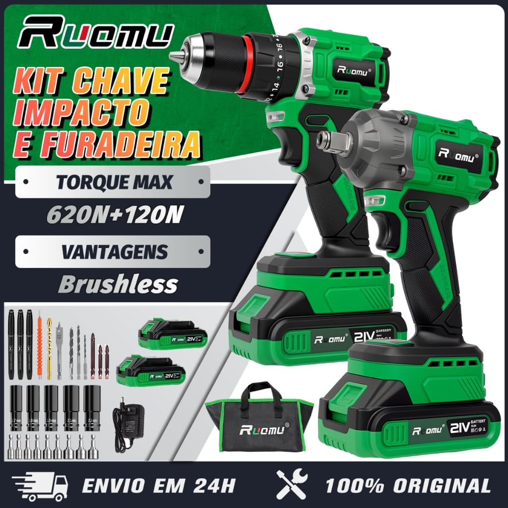 Kit 2 ​​Furadeira Parafusadeira ​Elétrica​ e Chave de Impacto A Bateria Potente Brushless