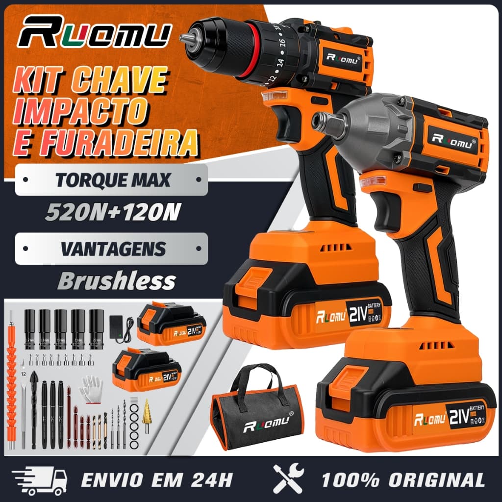 （Kit ​2）Furadeira Parafusadeira + ​Chave de Impacto Potente Brushless 2 Baterias