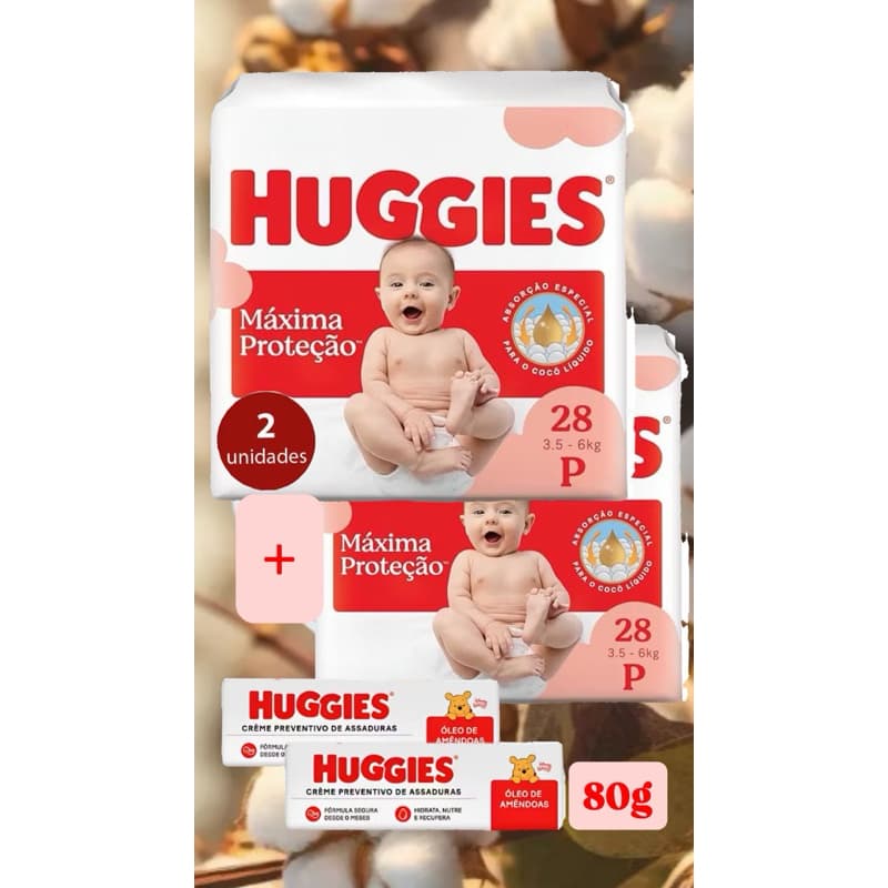 KIT 2 Unid Fraldas Huggies Maxima Proteção+ 2 Unid Pomada Preventiva Assadura Huggies 80g