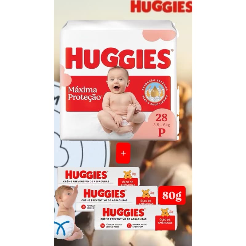 1 Unidade Fraldas Huggies Maxima Proteção + 3 Unidades Pomada Preventiva Assaduras  Huggies