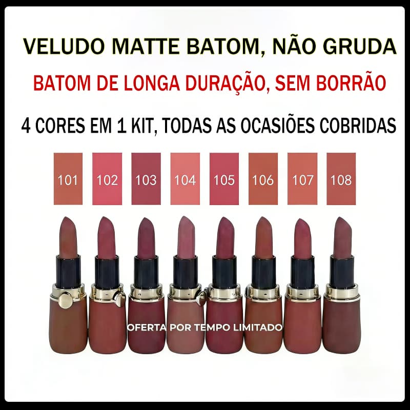 Kit Batom Fosco Veludo Aveludado, Hidratante, Longa Duração, à Prova D'água
