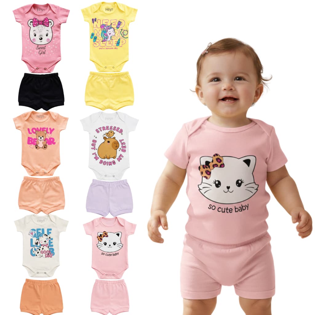 Kit 2 a 10 Peças Conjunto de Bebê Menina Verão Body Manga curta + Bermuda Roupa para Bebê P - GG
