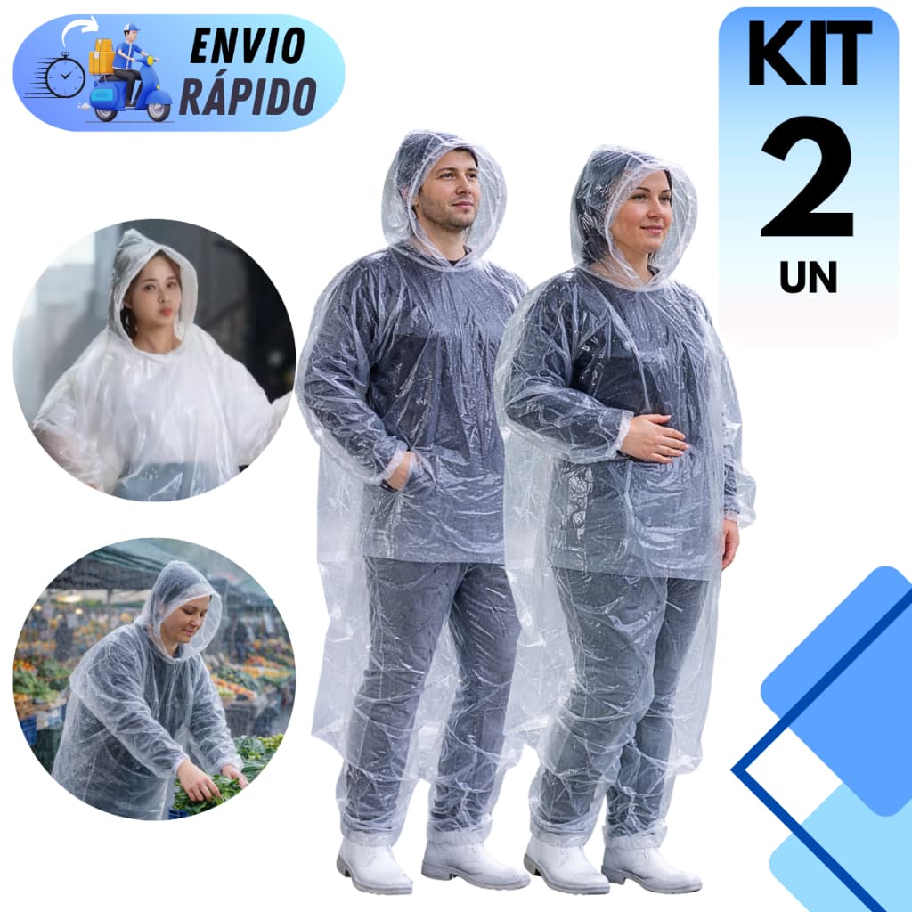 Kit 2 Capa Chuva Descartável Transparente PVC Capuz Elástico Impermeável Moto Ciclismo Entrega