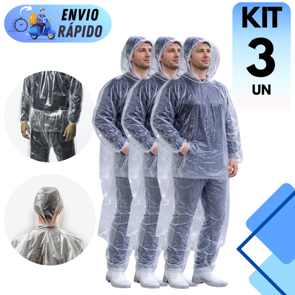Kit 3 Capa De Chuva Transparente Impermeável Moto Ciclista Entregador Pescador Capuz Elástico Uso