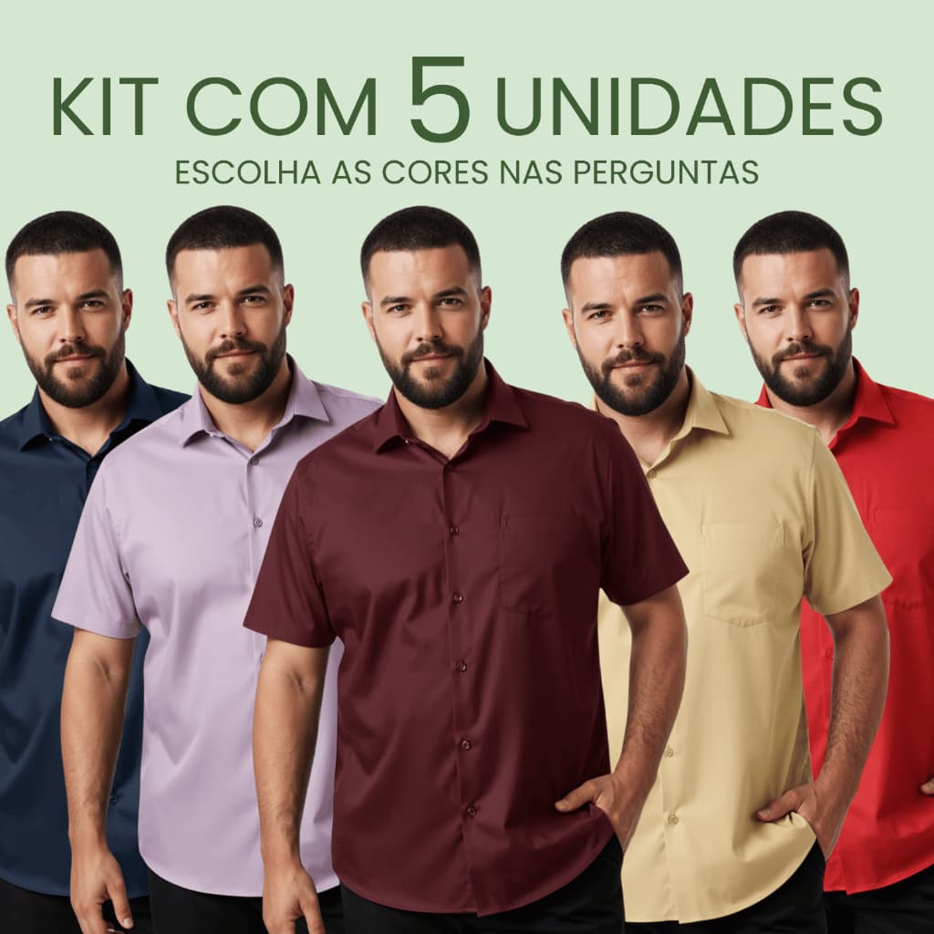 Kit 5 Camisa Social Masculina Manga Curta Lisa Slim e Plus Size