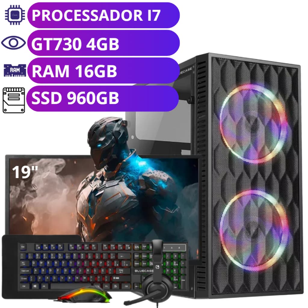 Computador Completo i7 3.4ghz - Placa de Vídeo GT730 4GB - RAM 16GB - SSD 960GB - Monitor 19"